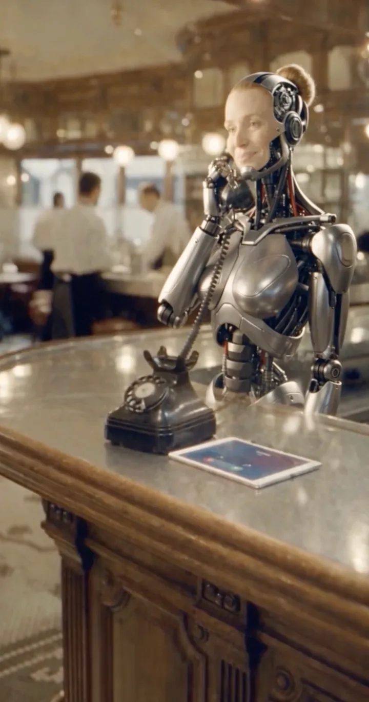 Extrait du clip VEGIA : l'assistante téléphonique IA répond au téléphone au comptoir d'un restaurant