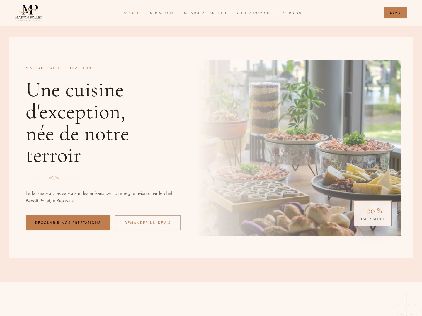 Page d'accueil du site de Maison Pollet, traiteur événementiel à Beauvais